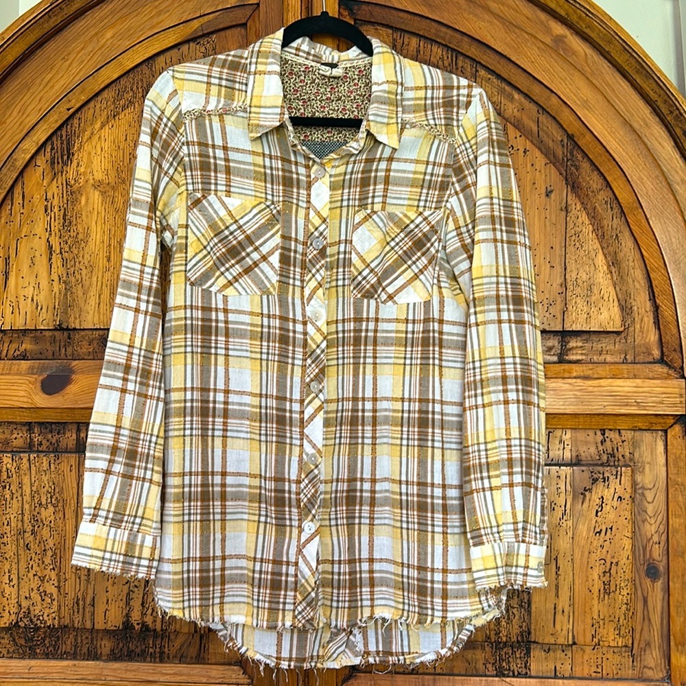 Free People We the Free Park Ranger Plaid Yellow Floral Button Down Top shirt